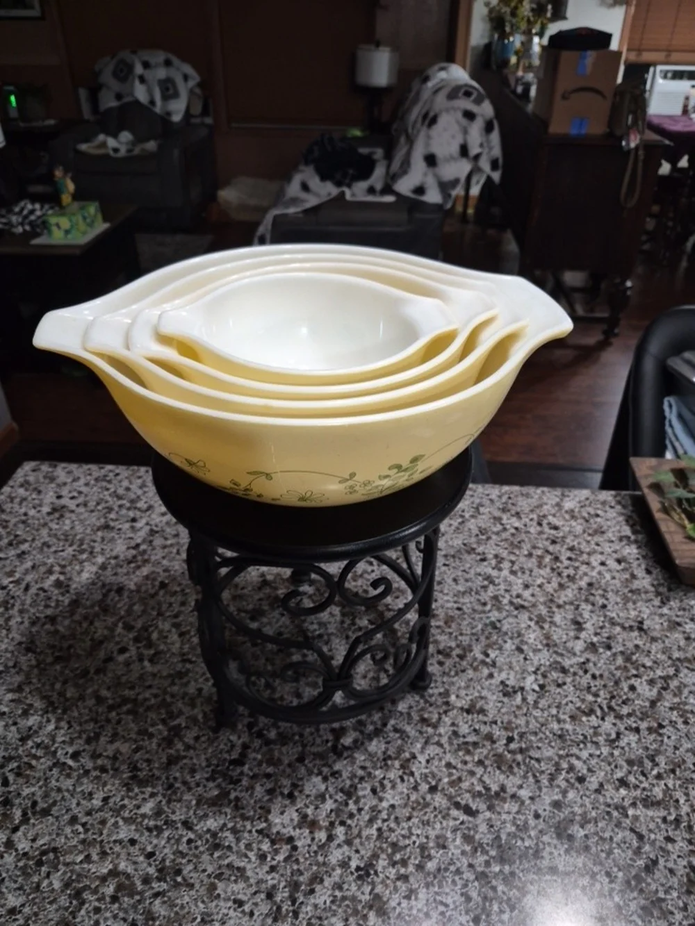 Cream Ceramic Nesting Mixing Bowls with Green Floral Print